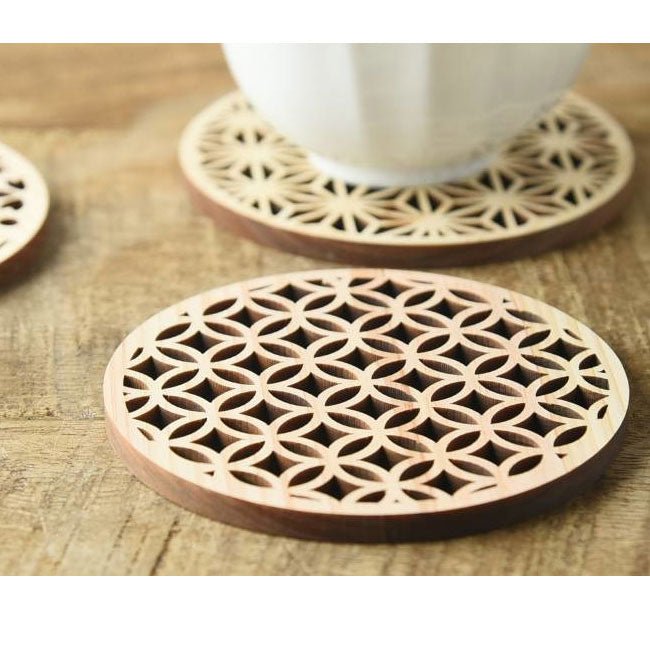 Hinoki coaster with tea cup on wooden table