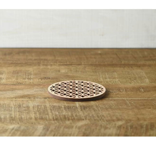Hinoki coaster placed on wooden table - distance shot