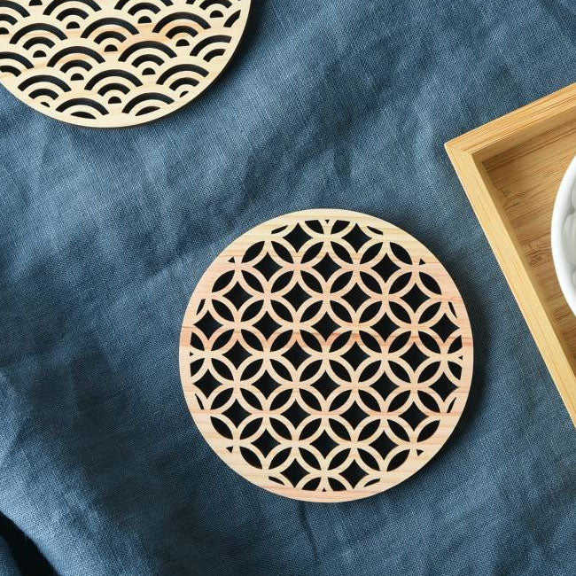 Hinoki coaster with traditional Japanese cloisonne pattern on blue cloth